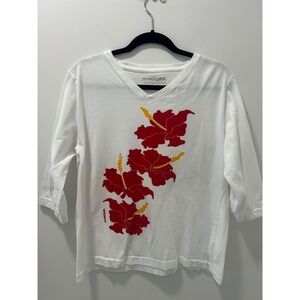 Marushka White Cotton Hibiscus Floral Hand Printed V-Neck 3/4 Sleeve Tee XL